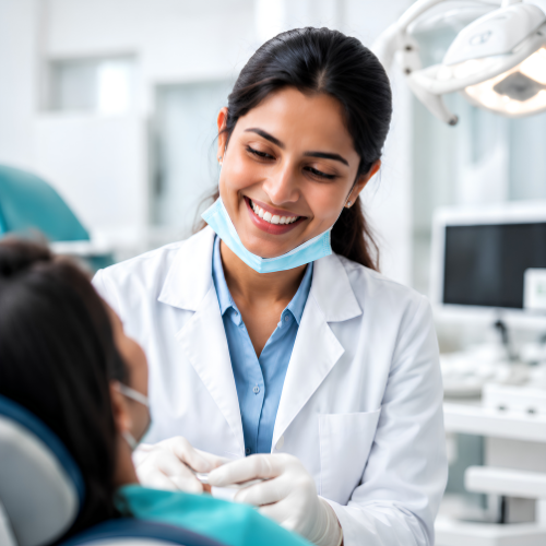 Smiling dentist treating a patient at a dental clinic
